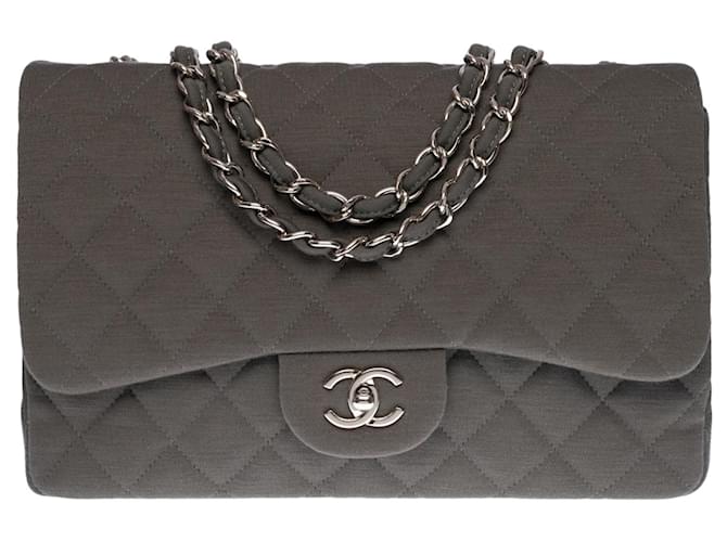 Very beautiful Chanel Timeless Jumbo single flap handbag in gray quilted jersey, Garniture en métal argenté Grey Cotton  ref.478280