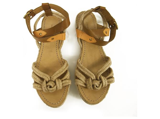 Isabel Marant Etoile Beige Raffia Brown Leather Flat Sandals Espadrilles size 41 ref.478600 - Joli