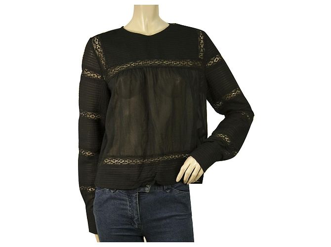 Isabel Marant Etoile Camicetta a maniche lunghe in pizzo di cotone nero Top size 38