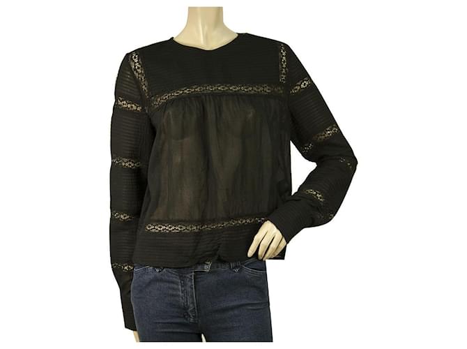 Isabel Marant Etoile Black Cotton Lace Tunic Long Sleeves Blouse Top size 38  ref.478603