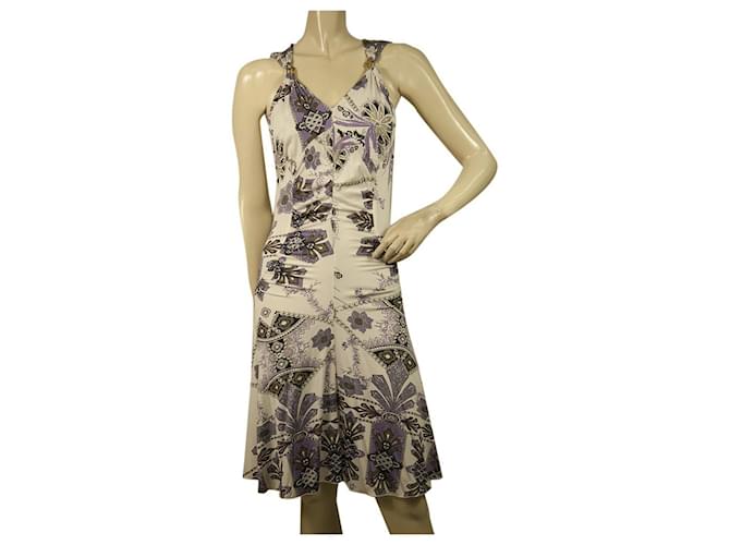 Vestido a la rodilla sin mangas drapeado blanco violeta floral de Roberto Cavalli talla S Multicolor Licra - Joli Closet Vestido a la rodilla sin mangas drapeado blanco violeta floral de Roberto Cavalli talla S Multicolor Licra - Joli Closet