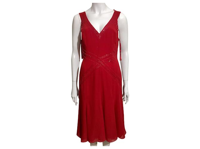 Amanda Wakeley Vestido de chiffon vermelho com bordado de pérolas Poliéster  ref.479269