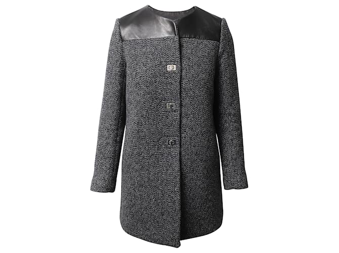 Sandro Paris Coat with Leather Trim in Grey Wool  ref.479691