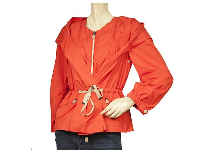 MONCLER Morlaix Giubbotto impermeable de luz roja chaqueta con capucha cremallera y cordón sz 2 Poliéster  ref.479799