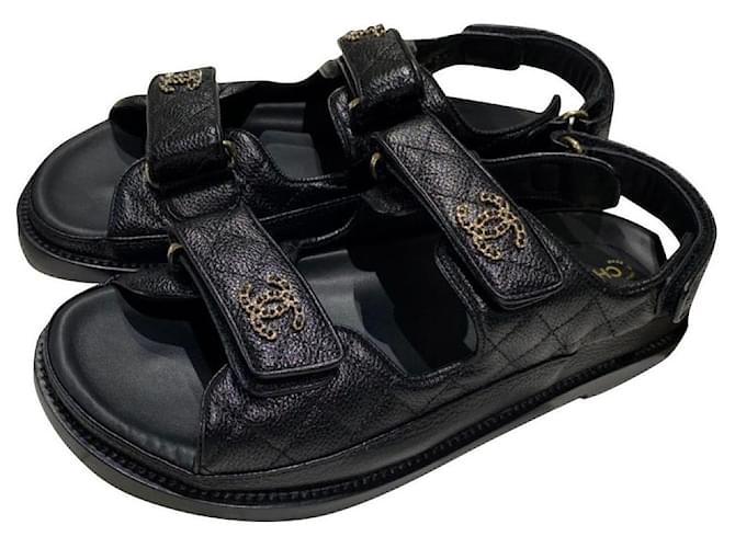 CHANEL Grained Calfskin Velcro Dad Sandals 39 Black 1308085