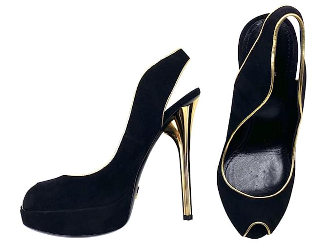 Louis Vuitton slingback heels in black suede with gold leather