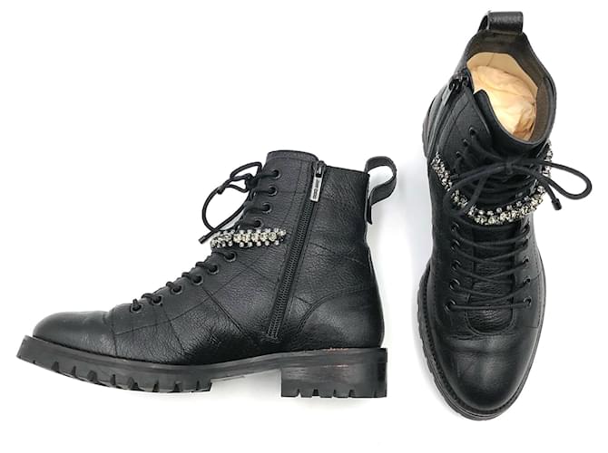 Jimmy Choo Cruz Combat Ankle Boots aus schwarzem Leder mit Kristall-Knöchelbroschen  ref.480069