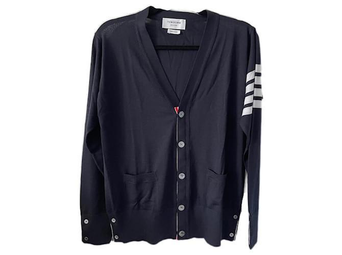 Thom Browne 4-Bar knitted cardigan size2 Navy blue Wool  ref.480185