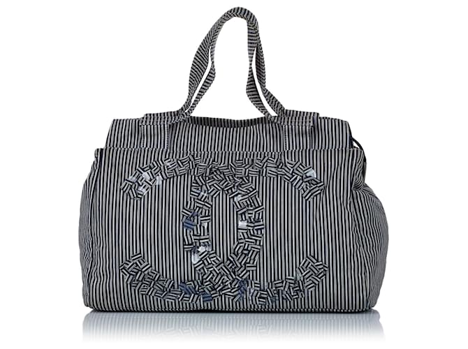 Chanel Blue CC Striped Canvas Tote Bag White Cream Navy blue Cloth Cloth  ref.480479 - Joli Closet