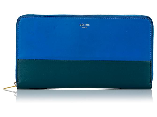 Céline Celine Blue Große Multifunktions-Geldbörse aus zweifarbigem Leder mit Reißverschluss Blau Grün Dunkelgrün Kalbähnliches Kalb  ref.480701