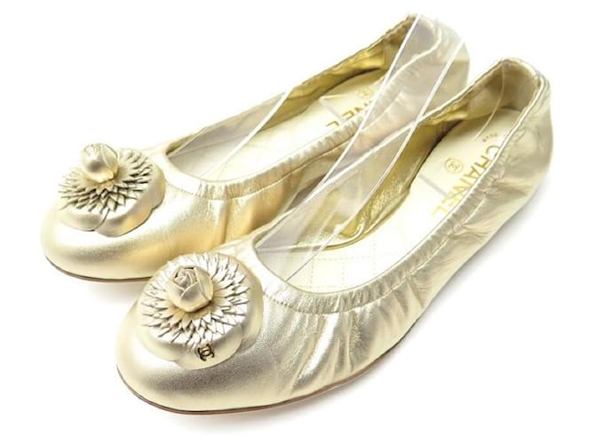 CHANEL CAMELIA G SHOES31934 38 GOLDEN FLAT SHOES GOLDEN LEATHER BALLERINAS  ref.481689