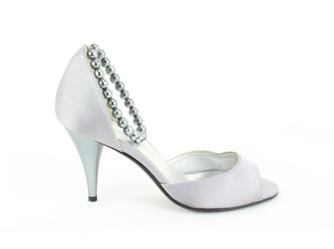 Chanel Size 36.5 Grey Satin Peep Toe Pearl Ankle Strap Pumps Size  ref.481738