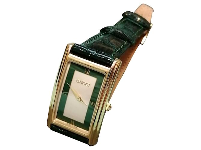 Montre originale Gucci 2600Montre-bracelet pour femme/homme M verte Plaqué or Doré  ref.482022