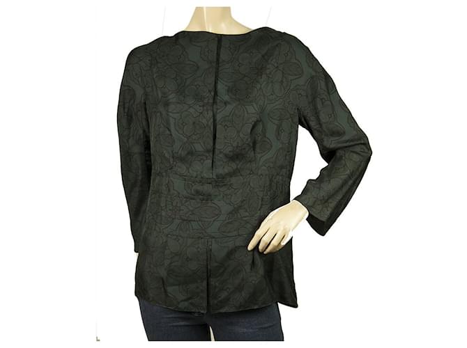 Marni Dark Teal Pleated Jacquard Floral Long Sleeves Tunic Blouse Top Dark green Polyamide  ref.482051