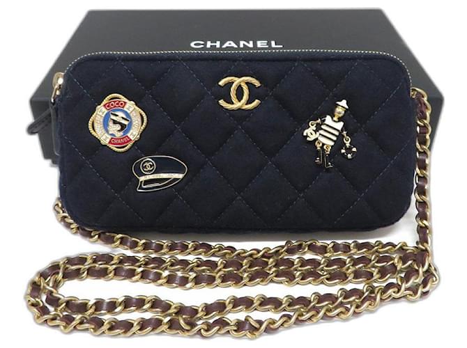 [Occasion] Chanel sac daim marine chaine portefeuille Coco marque dames Suede Bleu Marine  ref.482984