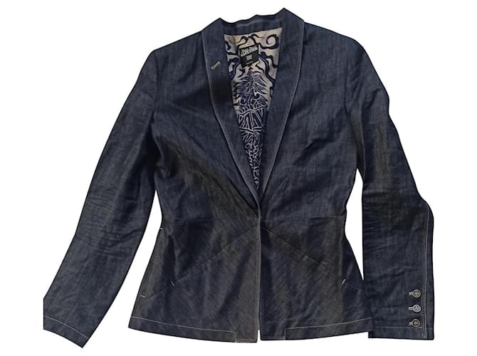 Jean Paul Gaultier Jackets Blue Dark grey Silk Cotton Linen  ref.483446