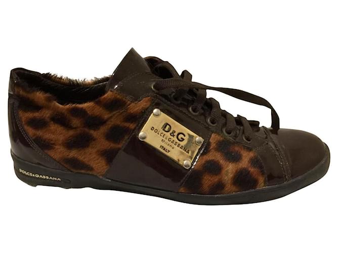 Dolce & Gabbana Patent and calf leather pony fur style sneakers Brown Leopard print Patent leather Pony-style calfskin  ref.483537