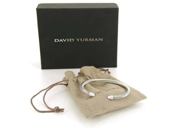 Bracciale rigido David Yurman Cable Classique in argento, perle e diamanti  ref.483965