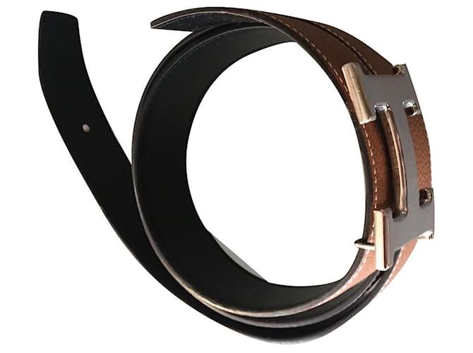 Hermès Cinturón de piel reversible con hebilla Negro Marrón claro Cuero  ref.483981