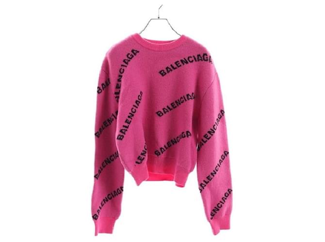 [Occasion] Balenciaga All Over Logo Knit Wool Rose Violet Noir Laine  ref.484516