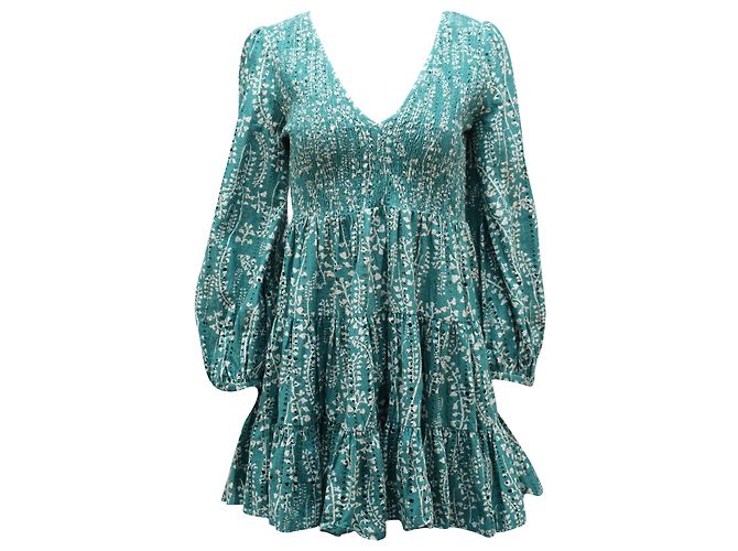 Autre Marque Rixo Sasha Langarm-Minikleid aus grüner Baumwolle
