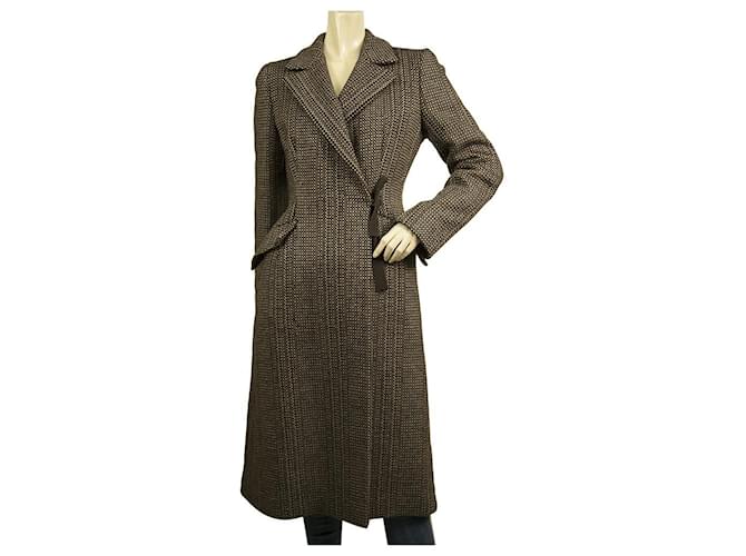 Prada Marron, Manteau en laine vierge tweed beige et noir sous le genou avec nœud sz 42  ref.485146