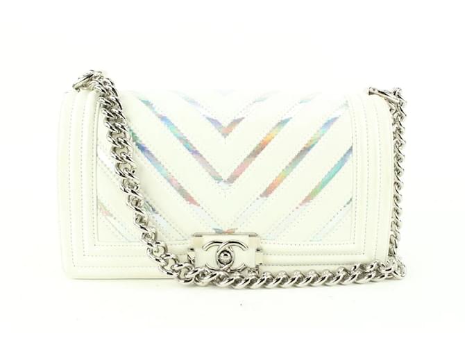 Chanel Silver Chain x White Chevron Holographic Boy Bag Leather  ref.485791