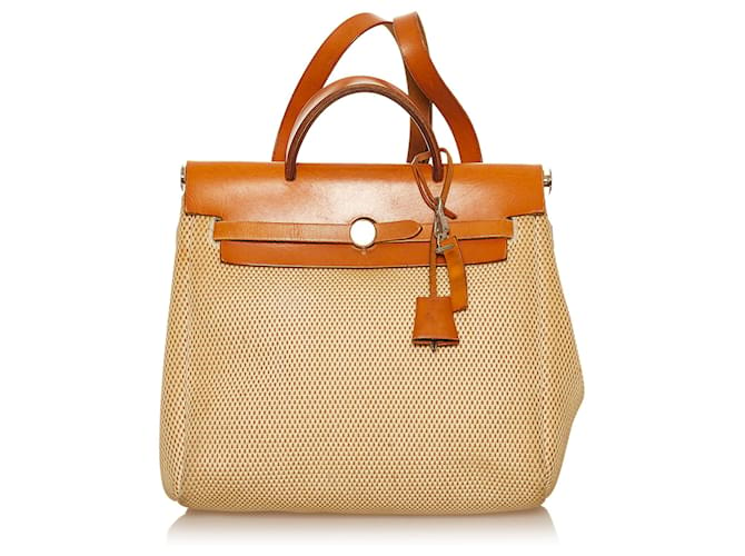 Hermès Hermes Brown Herbag Canvas Backpack Beige Light brown Leather Cloth Pony-style calfskin Cloth  ref.485872