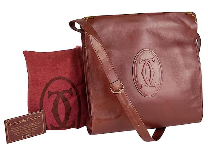 Man Bag Cartier Cartier Unisex Shoulder Bag Dark Red Leather Joli