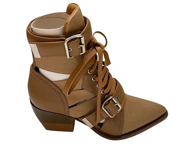 Botas de Tornozelo Chloé Castanho Claro Couro e Lona 37.5