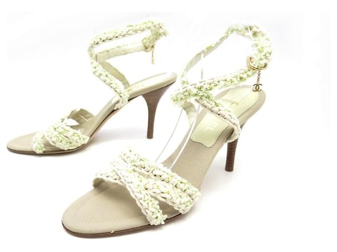 NEW CHANEL SHOES IN GREEN & WHITE TWEED SANDALS WITH HEELS 41 NEW SHOES  ref.486517