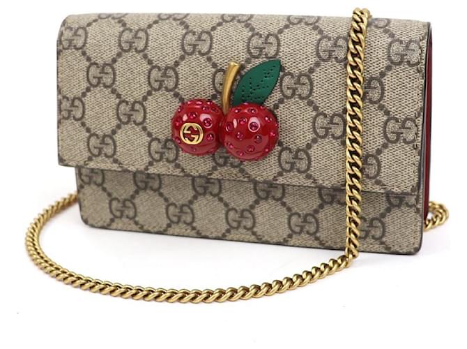 Used] Gucci [GUCCI] GG Supreme Canvas Mini Bag with Cherry Chain Pochette Diagonal Wallet with Sif Crystal Cherry Beige - Closet