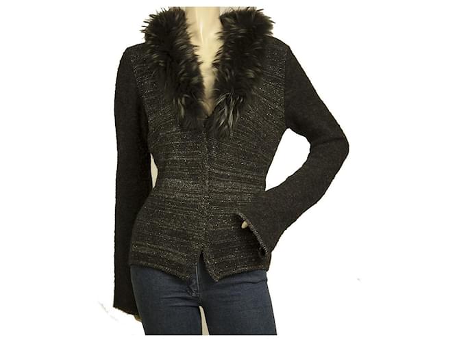 Roberto Cavalli Black Gray Fur Silver Shine Knit Cardigan Cardi Jacket sz M Wool  ref.486957