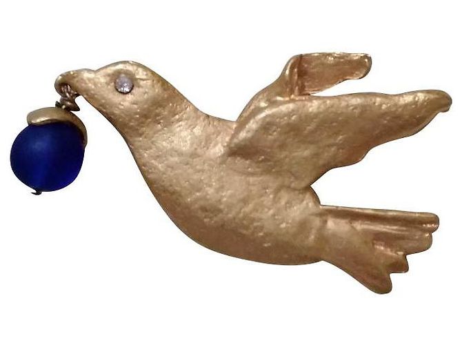 Autre Marque Patrick Rétif Goldene Vogel Brosche mit blauer Glasperle