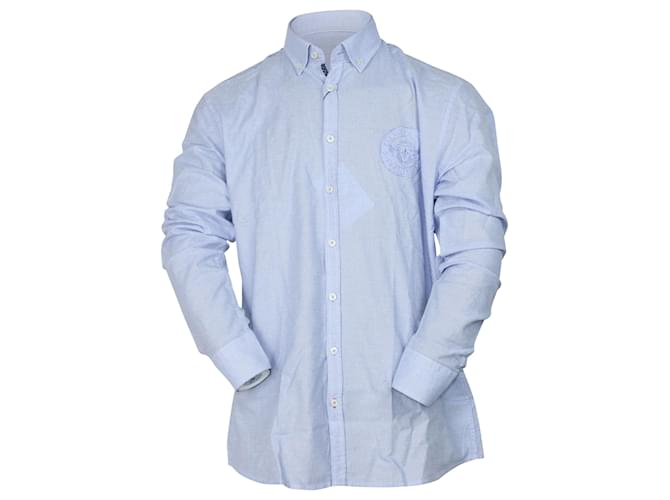 Balmain Besticktes Hemd mit Ellenbogen-Patch aus blauer Baumwolle  ref.487233