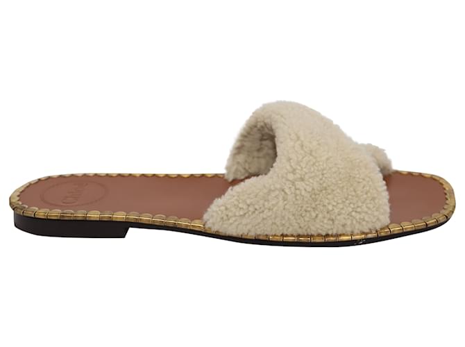 Chloé Idol Embellished Shearling Slides In Brown Calf Leather    ref.487245