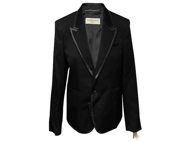 Blazer com acabamento em couro sintético Saint Laurent em lã preta Preto  ref.487275