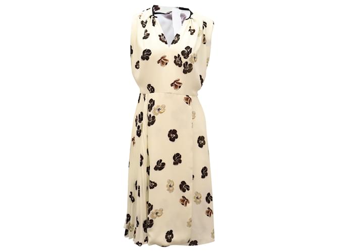 Prada Floral Pleated Midi Dress is Ivory Polyester White Cream  -  Joli Closet