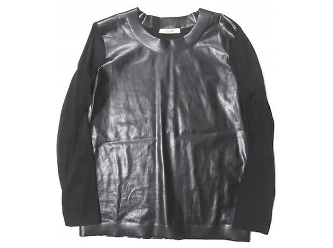 Céline [Used] CELINE Made in France Faux leather switching stretch cut and sewn 2 0K77 3531 S Black long sleeve pullover tops Cotton Polyurethane  ref.487489