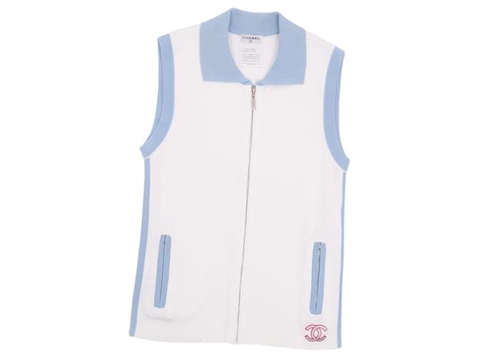 [Occasion] CHANEL 02S Coco Mark Cotton Knit Zip Up Vest Ladies Bicolor Tops Blanc / Bleu Clair Taille 40 (Équivalent M) Coton  ref.487715