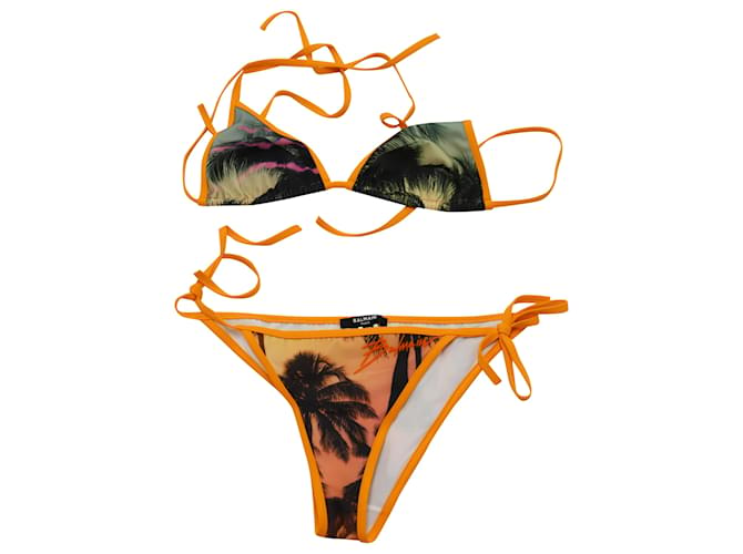 Balmain Palmen-Print-Bikini aus orangefarbenem Polyamid Nylon  ref.488288