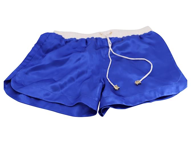 Pantalones cortos de satén con cinturilla blanca en seda azul de Balmain  ref.488292