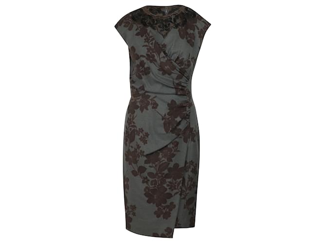 Etro Ruched Dress with Floral Jacquared in Grey Wool  ref.488354