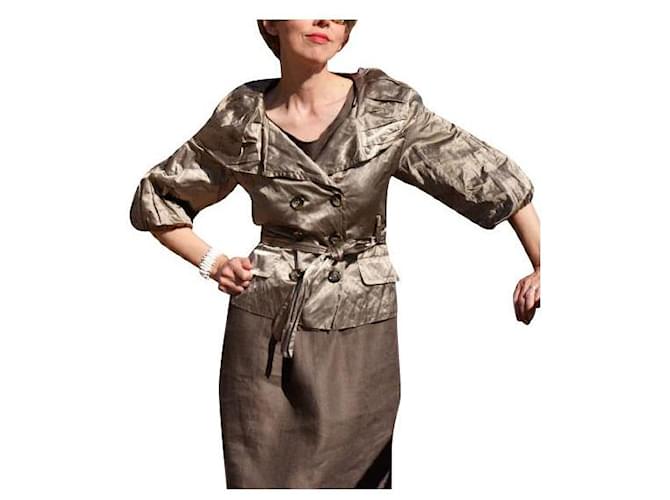 BCBG Max Azria Vintage Satin Safari Belted Tailored Jacket Bronze Cotton Polyester Metal  ref.488893