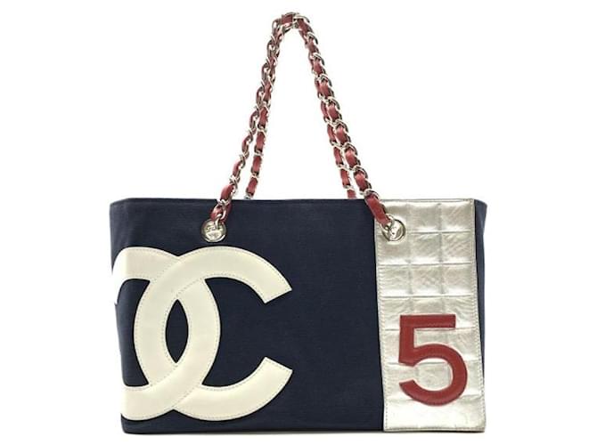 [Used] CHANEL Chanel No5 Chain tote bag Shoulder bag Canvas Navy Silver Silvery Navy blue  ref.489828