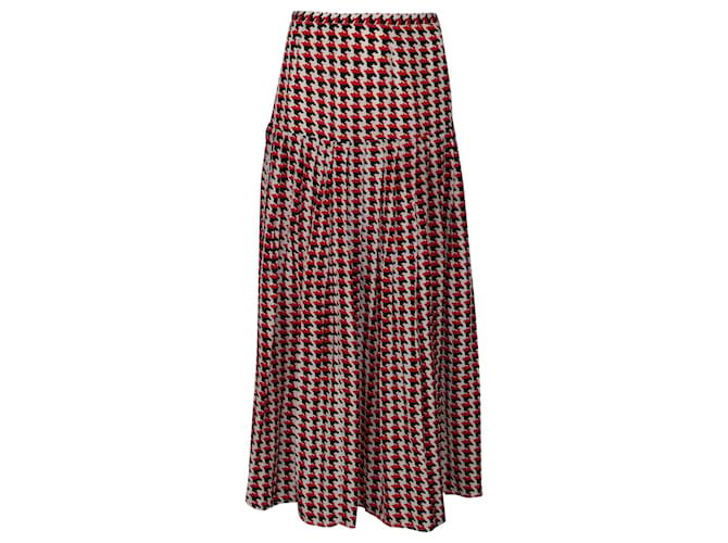 Autre Marque Rixo Houndstooth Pleated Maxi Skirt in Red Print Silk  ref.489986