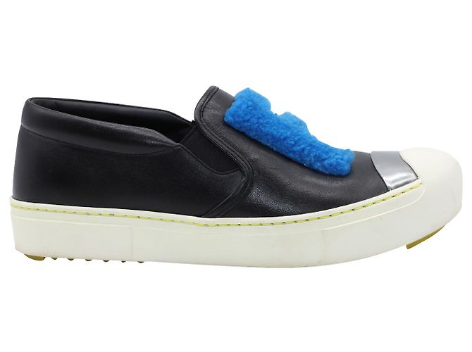 Fendi FF Shearling Fur Slip-On Sneaker in Black Leather