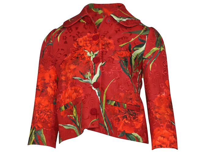 Dolce & Gabbana Giacca in Broccato Metallico Floreale in Cotone Rosso