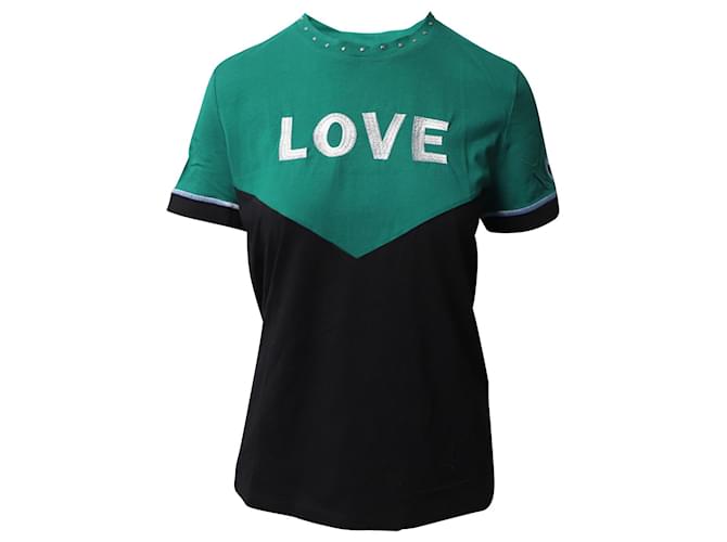 Maje Toevi Love Embroidered Bicolor T-Shirt in Green and Black Cotton  ref.490237