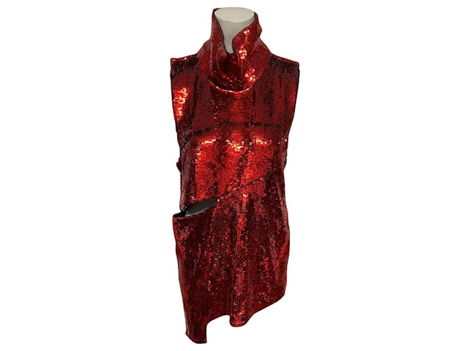 Autre Marque Halpern Asymmetric Cutout Sequined Mini Dress in Red Polyester  ref.490356